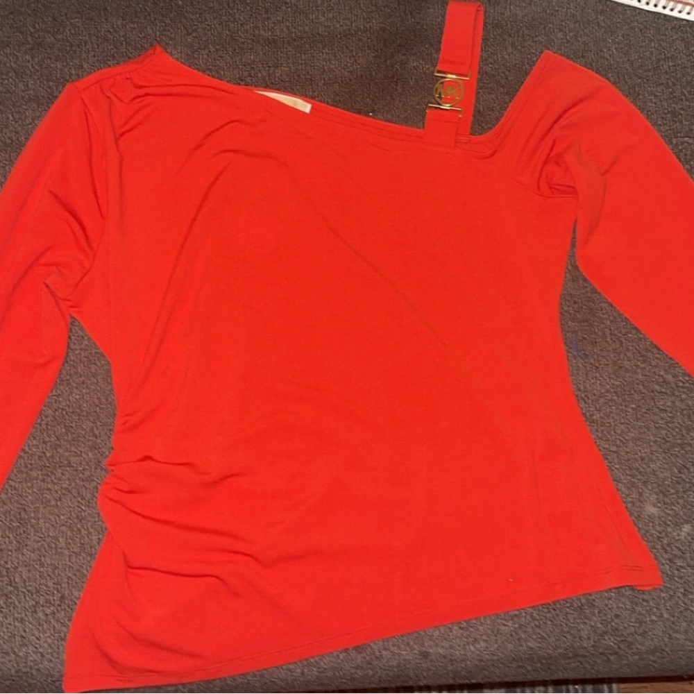 Michael Kors Red One-Shoulder Long Sleeve Top with Buckle Strap